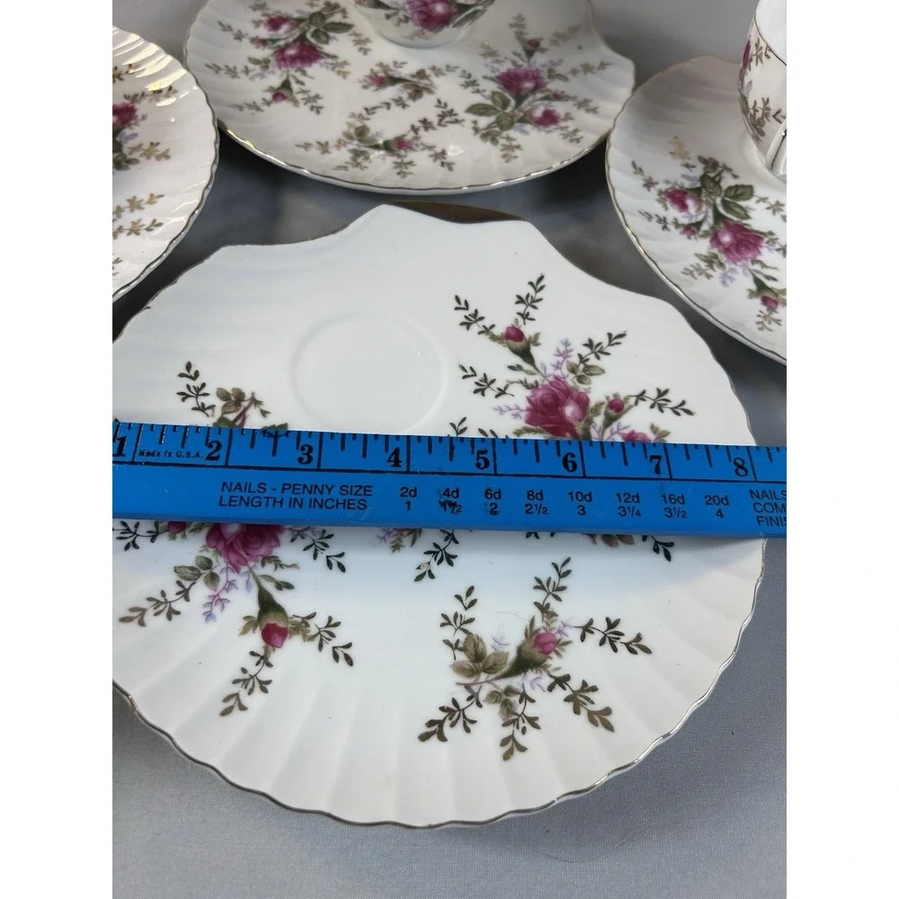 Vintage Japan Tea Cup Saucer Set 4 Floral Gold Trim Scalloped‎ Plates